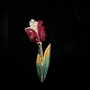 Vintage 2” Tulip Brooch w/Rhinestones & Gold Tone Hand Painted Leaves